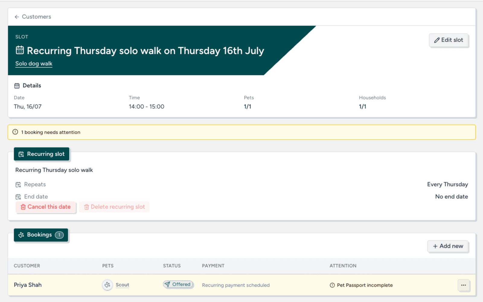 TailTrack booking showing its connected recurring payment schedule